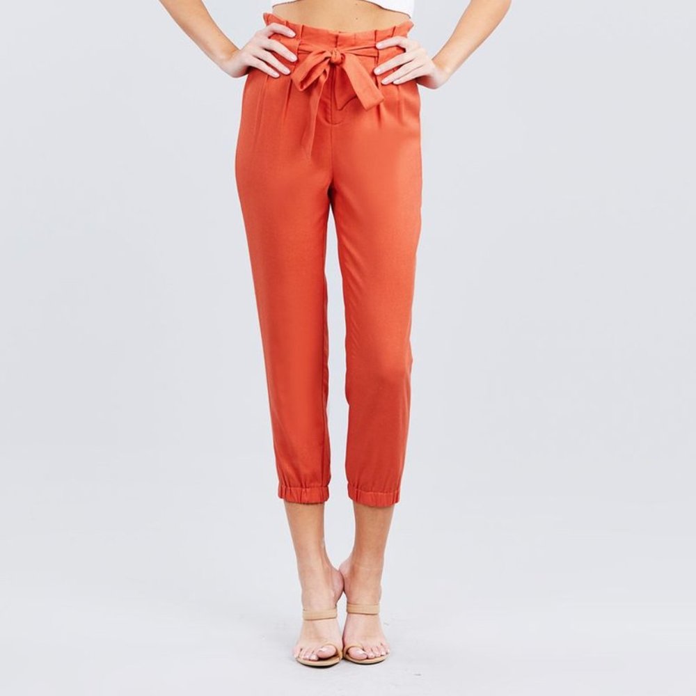Paperbag W/bow Tie Elastic Hem Long Linen Pants-Spicy Rust
